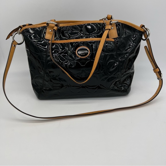 Coach Handbags - Coach F20028 Black/Tan Patent Leather Tote Bag